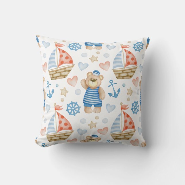 Cute sailor bear with sailboats Throw Pillow (Front)