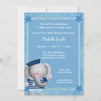 Cute Sailor Elephant Baby Shower Invitation