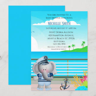 Cute Sailor Elephant Baby Shower Invitation