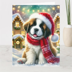 Cute Saint Bernard Puppy in Christmas Village Card