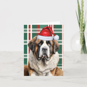 Cute Saint Bernard Santa Dog Plaid Christmas Holiday Card