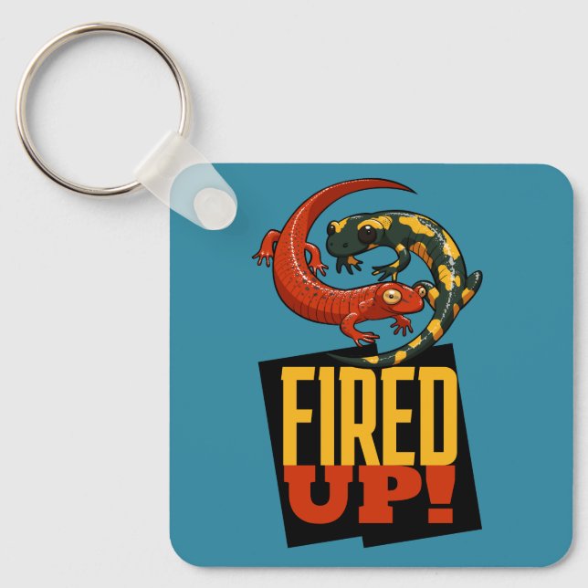 Cute Salamanders Fired Up! Motivational Cartoon Keychain (Front)