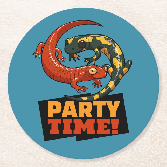Cute Salamanders Party Time! Red & Fire Cartoon Round Paper Coaster (Front)