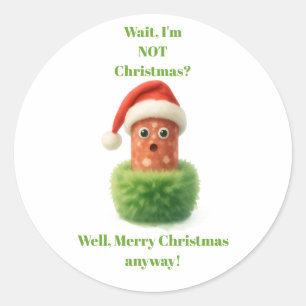 Cute salami surprised Christmas in fluffy green Classic Round Sticker
