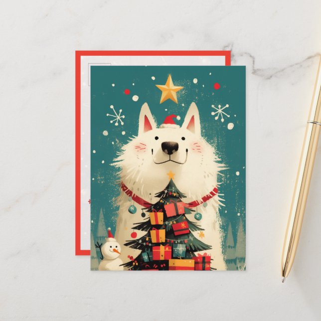 Cute Samoyed dog with Christmas Postcard (Front/Back In Situ)