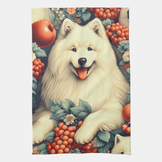 Cute Samoyed Floral Painting Kitchen Towel (Vertical)