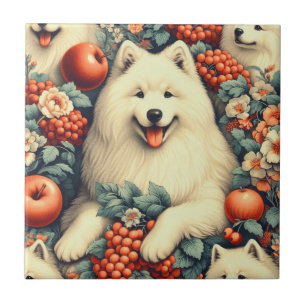 Cute Samoyed Floral Painting Tile