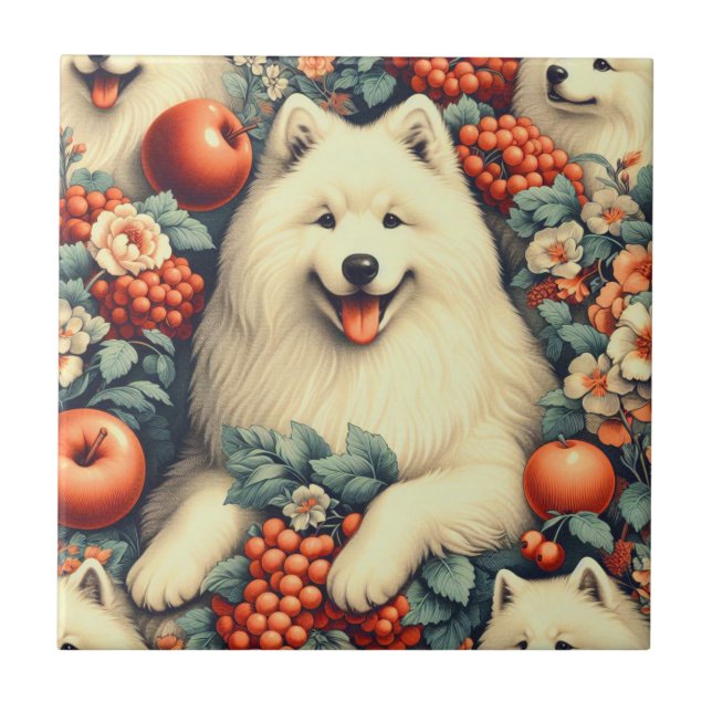 Cute Samoyed Floral Painting Tile (Front)