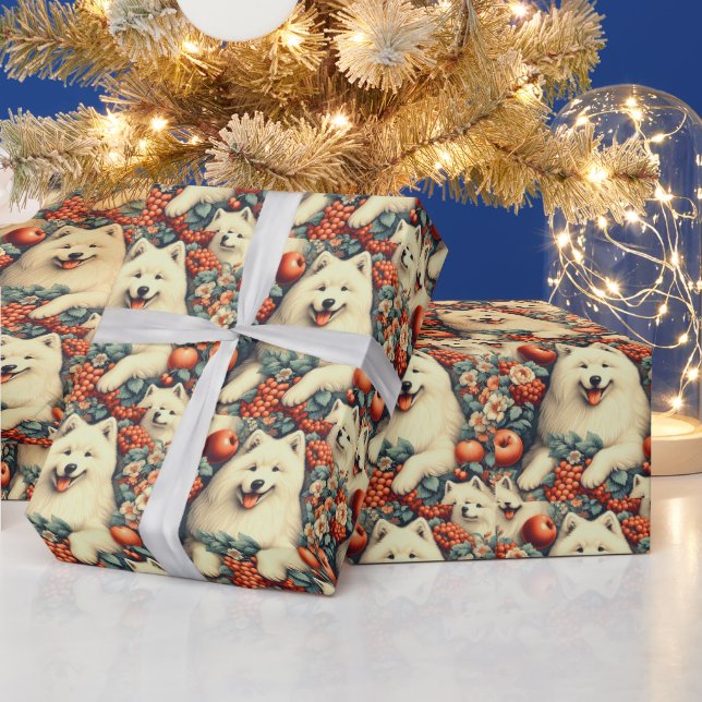 Cute Samoyed Floral Painting Wrapping Paper (Holidays)