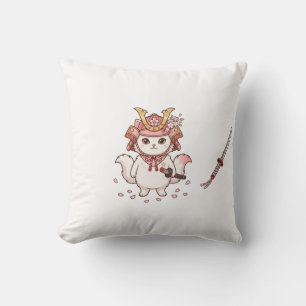 Cute Samurai Cat in Pink Sakura Helmet Throw Pillow