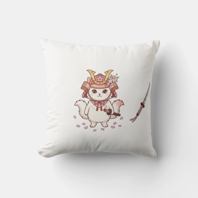 Cute Samurai Cat in Pink Sakura Helmet Throw Pillow (Front)