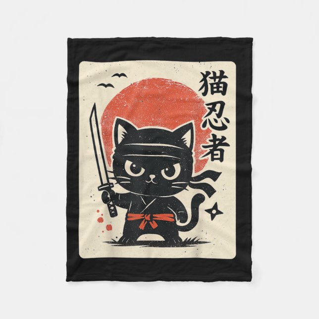 Cute Samurai Ninja Cat Warrior Japanese Anime Funn Fleece Blanket (Front)