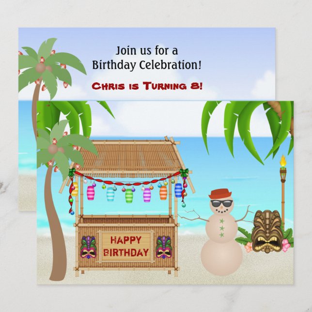 Cute Sand Snowman Winter Beach Birthday Invitation (Front/Back)