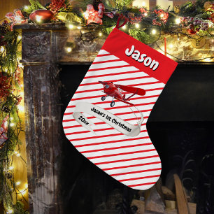 Cute Santa & Airplane,First Christmas,Personalized Large Christmas Stocking