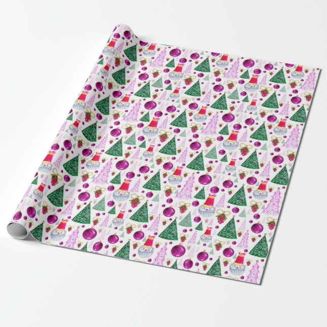 Cute Santa and Christmas Trees Watercolor Pattern Wrapping Paper (Unrolled)