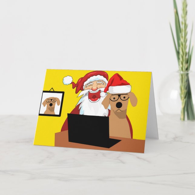 Cute Santa and Dog at Computer Christmas Card (Front)