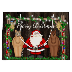 Cute Santa and Horses in Barn Merry Christmas Large Gift Bag