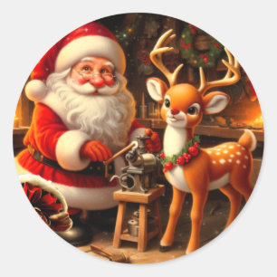 Cute Santa and Reindeer Classic Round Sticker