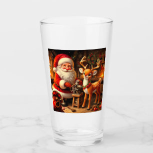 Cute Santa and Reindeer Glass