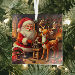 Cute Santa and Reindeer Glass Ornament