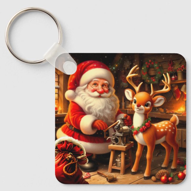 Cute Santa and Reindeer  Keychain (Front)