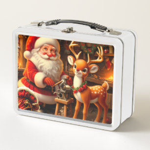 Cute Santa and Reindeer  Metal Lunch Box