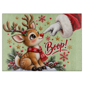 Cute Santa And Reindeer Nose Boop Christmas Cutting Board