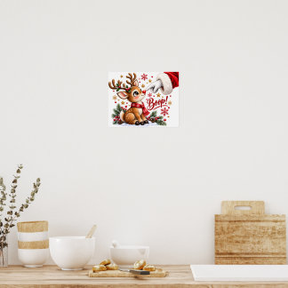 Cute Santa And Reindeer Nose Boop Christmas Poster