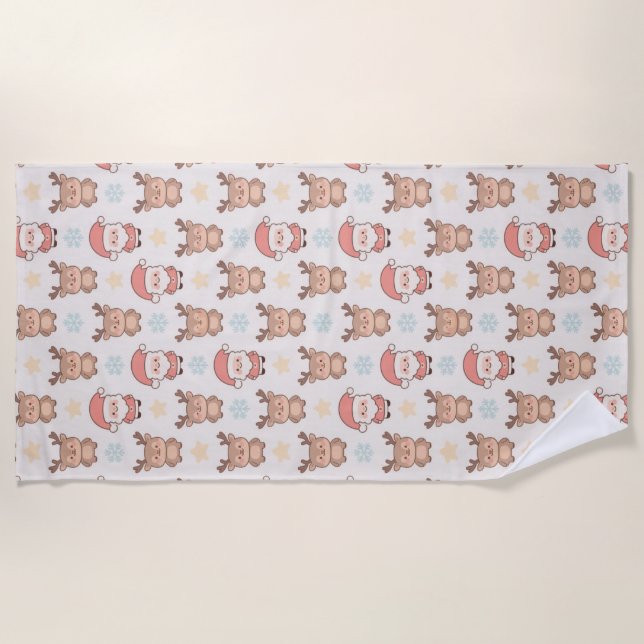 Cute Santa and Reindeer Pattern Beach Towel (Front)