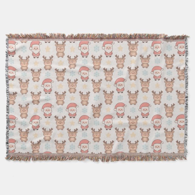 Cute Santa and Reindeer Pattern Throw Blanket (Front)