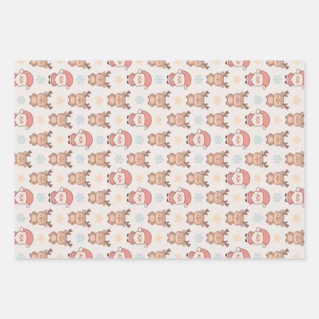 Cute Santa and Reindeer Pattern Wrapping Paper Sheet (Front)