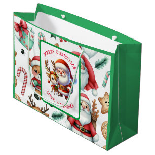 Cute Santa and Reindeer Personalized Christmas Large Gift Bag