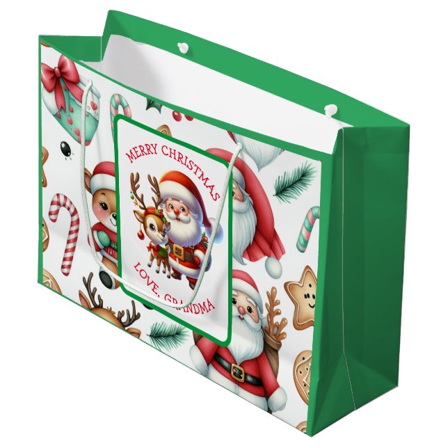 Cute Santa and Reindeer Personalized Christmas Large Gift Bag (Front Angled)