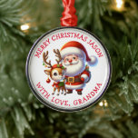 Cute Santa and Reindeer Personalized Christmas Metal Ornament<br><div class="desc">Add a name to this cute Santa and reindeer Christmas ornament.</div>