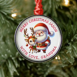 Cute Santa and Reindeer Personalized Christmas Metal Ornament