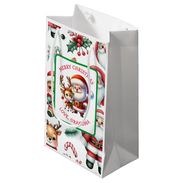 Cute Santa and Reindeer Personalized Christmas Small Gift Bag (Front Angled)