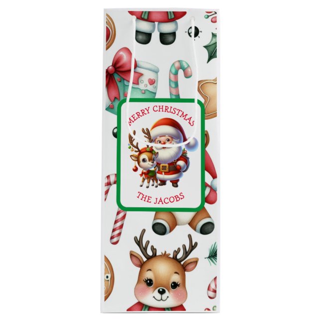 Cute Santa and Reindeer Personalized Christmas Wine Gift Bag (Front)