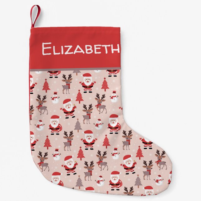 Cute Santa and Reindeer pink Christmas Small Christmas Stocking (Front)