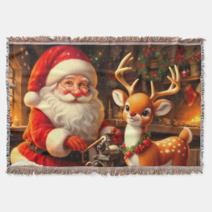 Cute Santa and Reindeer Throw Blanket