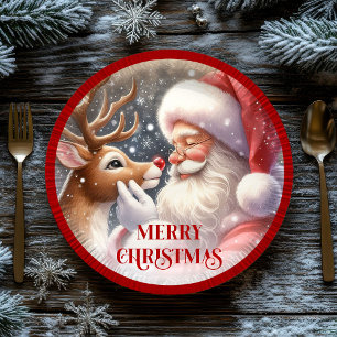 Cute Santa and Rudolph Cartoon Christmas Paper  Plate