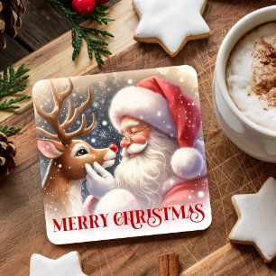 Cute Santa and Rudolph Christmas Paper Coasters