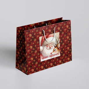 Cute Santa and Rudolph Kids Christmas Holiday Large Gift Bag