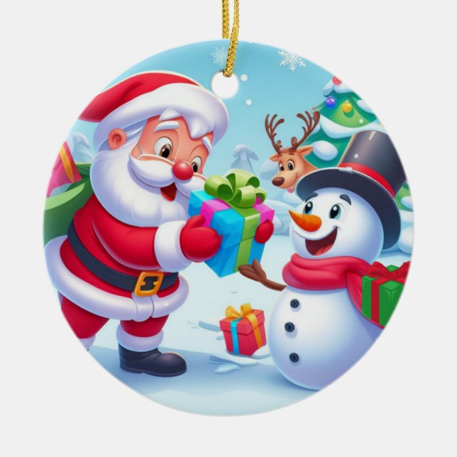 Cute Santa and Snowman  Ceramic Ornament (Front)