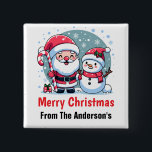 Cute Santa And Snowman Christmas Custom 2 Inch Square Button<br><div class="desc">A cute whimsical Christmas illustration featuring a jolly Santa wearing his traditional red and white suit and hat, sporting a big white beard and a red nose. He is holding a big red and white striped candy cane and is standing next to a happy snowman. The snowman is also wearing...</div>