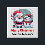 Cute Santa And Snowman Christmas Custom 2 Inch Square Button<br><div class="desc">A cute whimsical Christmas illustration featuring a jolly Santa wearing his traditional red and white suit and hat, sporting a big white beard and a red nose. He is holding a big red and white striped candy cane and is standing next to a happy snowman. The snowman is also wearing...</div>
