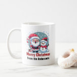 Cute Santa And Snowman Christmas Custom Coffee Mug<br><div class="desc">A cute whimsical Christmas illustration featuring a jolly Santa wearing his traditional red and white suit and hat, sporting a big white beard and a red nose. He is holding a big red and white striped candy cane and is standing next to a happy snowman. The snowman is also wearing...</div>