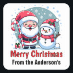 Cute Santa And Snowman Christmas Custom Square Sticker<br><div class="desc">A cute whimsical Christmas illustration featuring a jolly Santa wearing his traditional red and white suit and hat, sporting a big white beard and a red nose. He is holding a big red and white striped candy cane and is standing next to a happy snowman. The snowman is also wearing...</div>