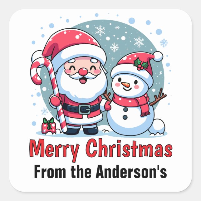 Cute Santa And Snowman Christmas Custom Square Sticker (Front)