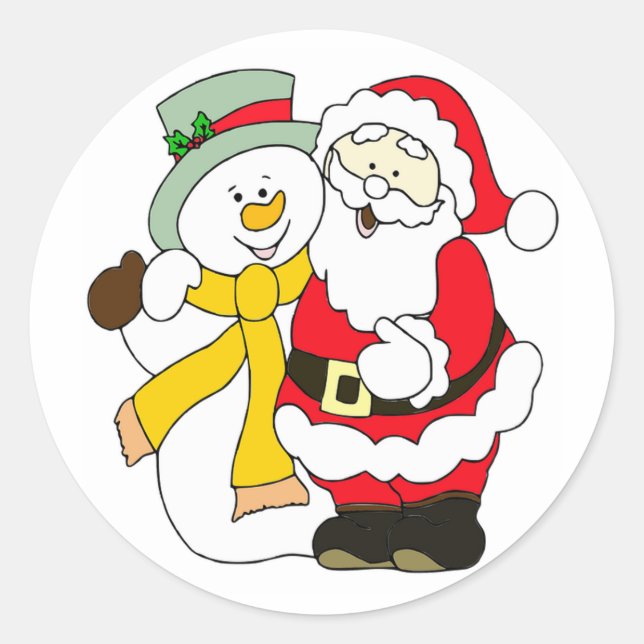 Cute Santa and Snowman Classic Round Sticker (Front)