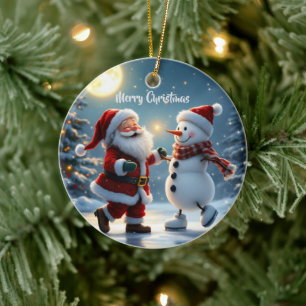 Cute Santa and snowman dancing on ice in winter  Ceramic Ornament